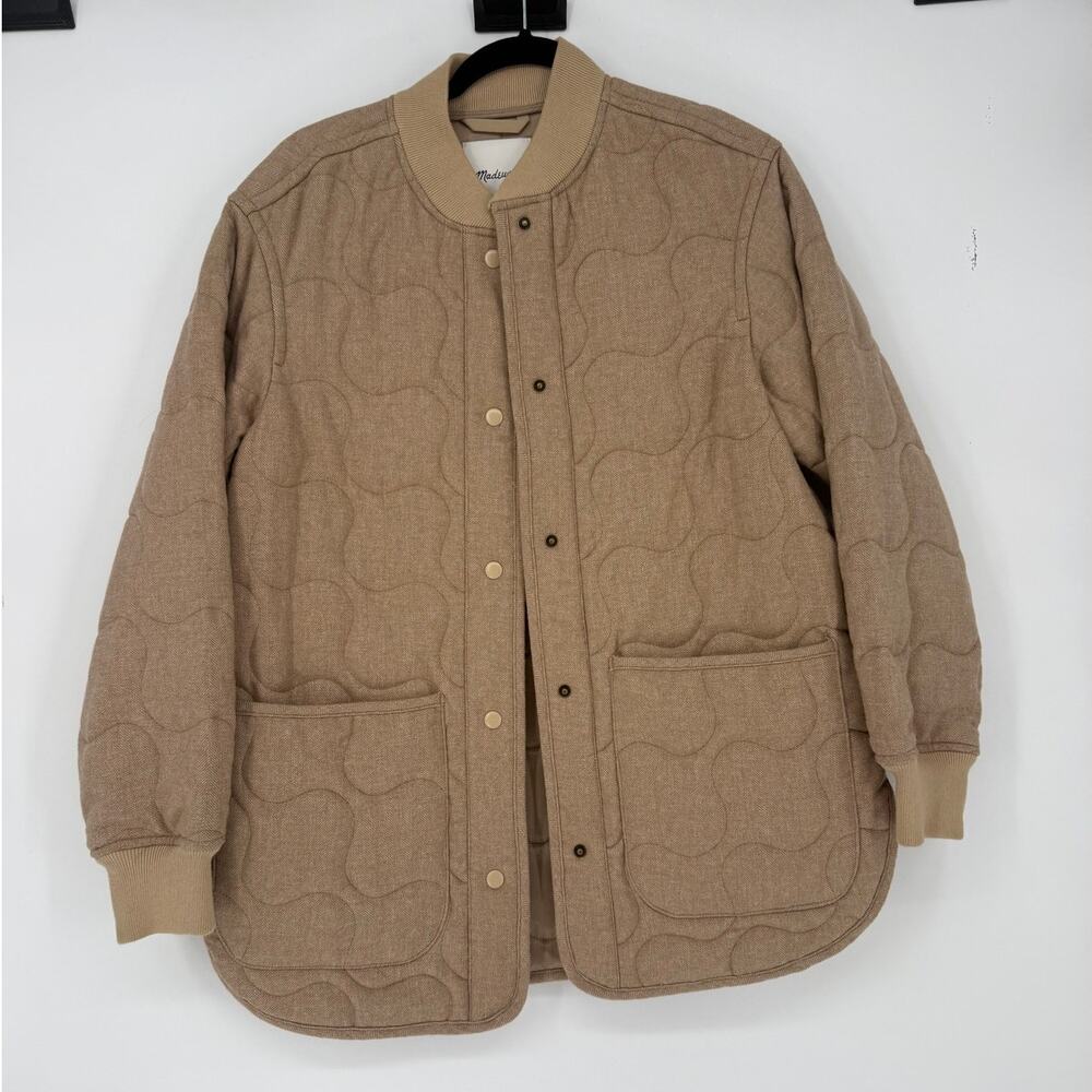 Madewell Quilted Oversized Bomber Puffer Jacket Tan Herringbone Pockets Sz XS - Picture 2 of 8